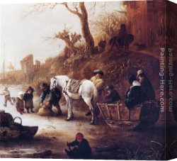 Adriaen Van Ostade Canvas Paintings - A Canal in Winter [detail #1] by Isack van Ostade